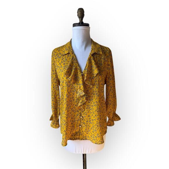 KARL LAGERFELD PARIS YELLOW PATTERN RUFFLE PEARL BUTTON 3/4 SLEEVE BLOUSE SMALL - Picture 1 of 9